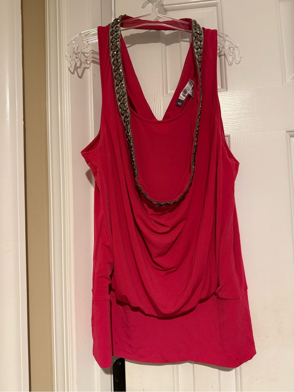 Women’s Deep Pink Drape Neck Tank Top with Decorative Jeweled Accent
